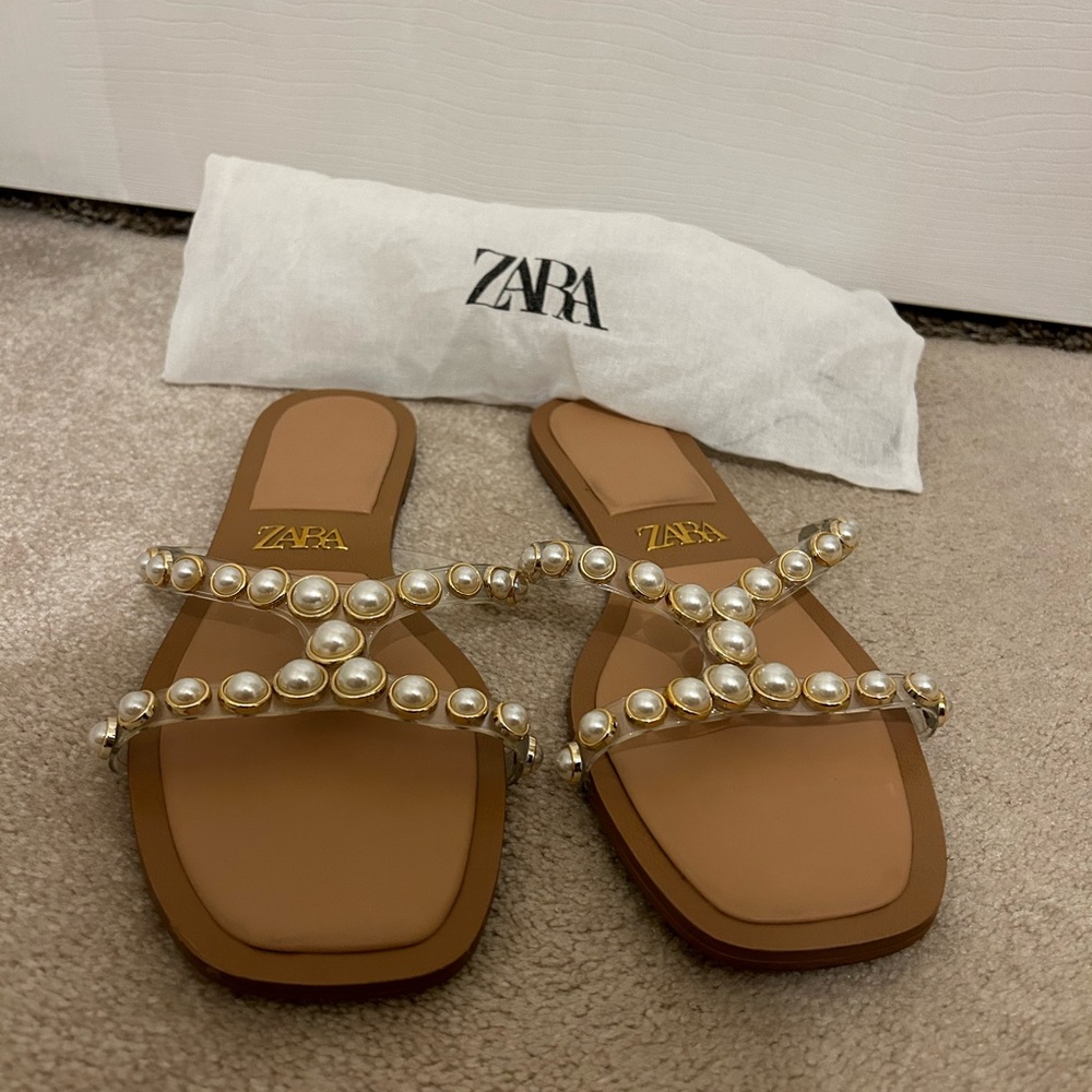 Zara Brown Sandals with Pearl Accents